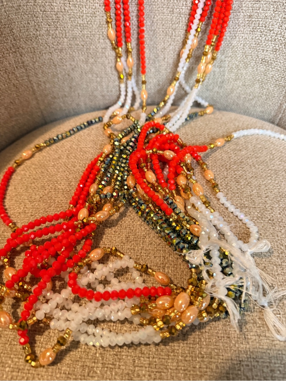 African Multi-Strand Red & White Beaded waistbeads with Gold Accents